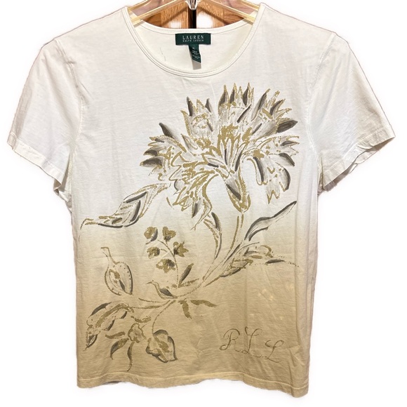 Lauren Ralph Lauren Tops - Women’s Vintage Lauren Ralph Lauren XL White, Taupe & Gold Floral Tee